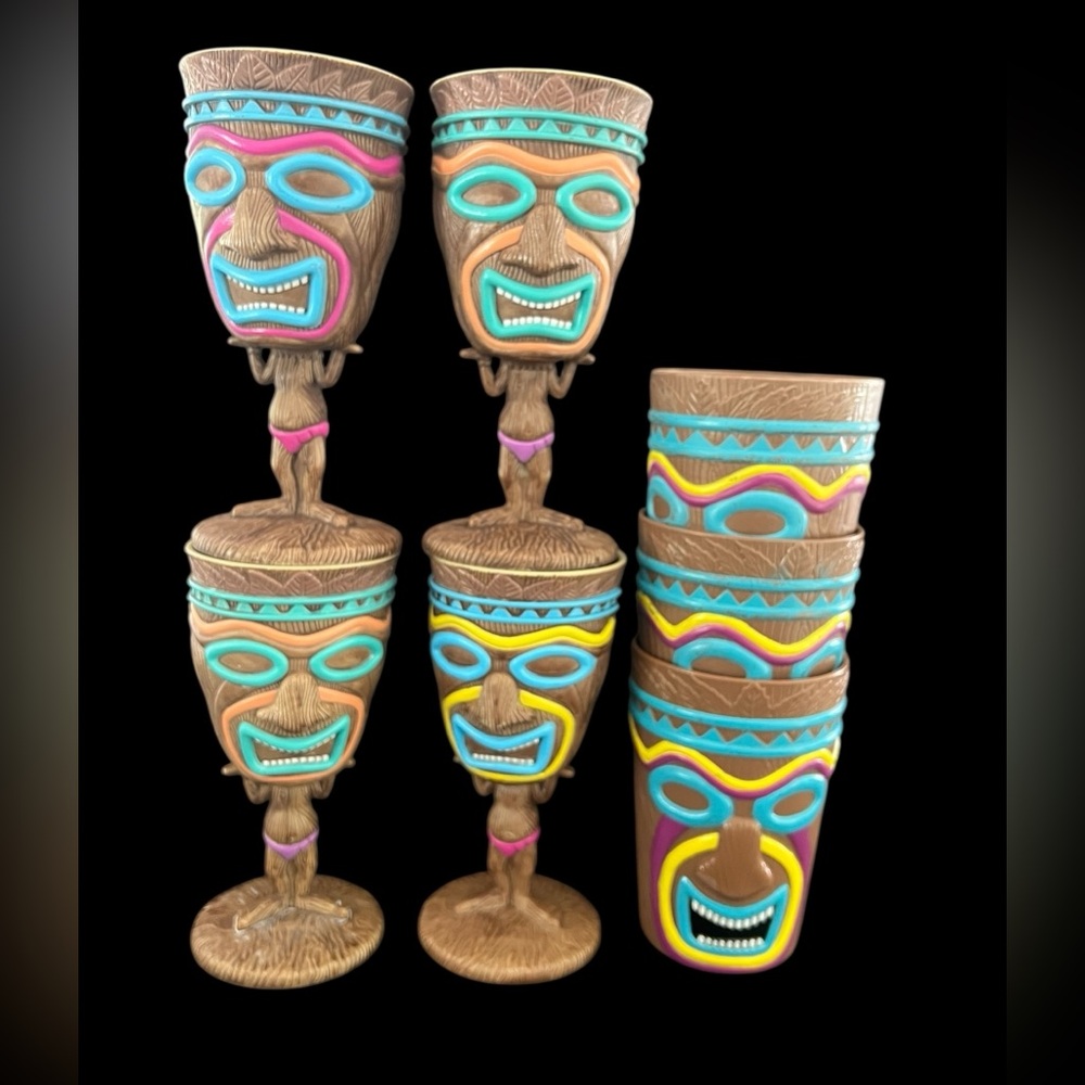 lot of tiki mugs set of seven 4 goblets and 3 tankards melamine  aloha